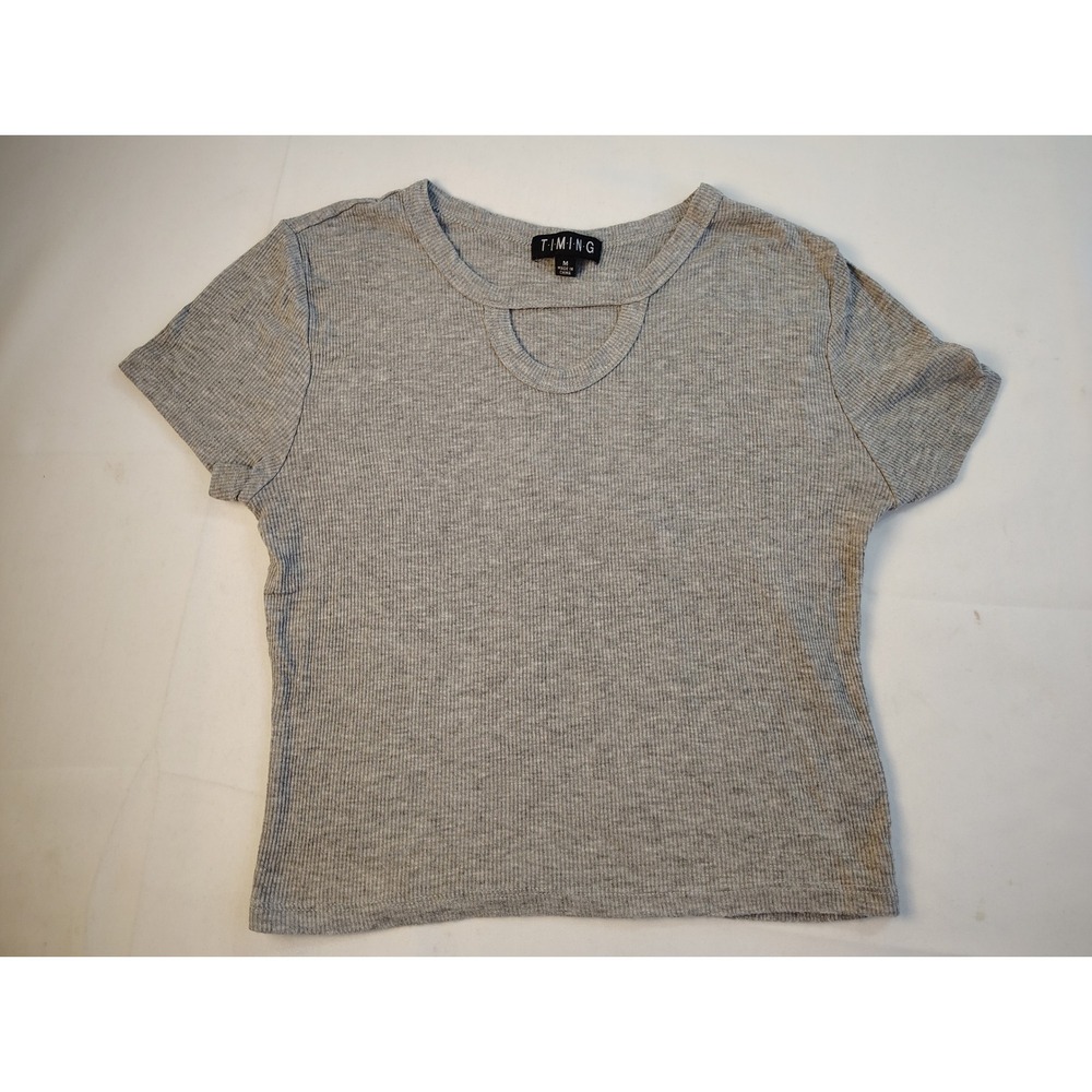 Timing Womens Heather Gray Ribbed Cutout Neck Short Sleeve Blouse Y2K Clubwear M